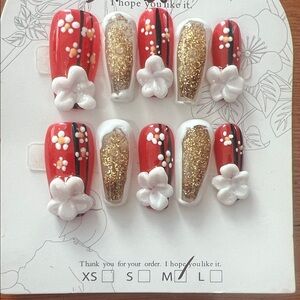Red and Gold Floral Nail Art Set Size M